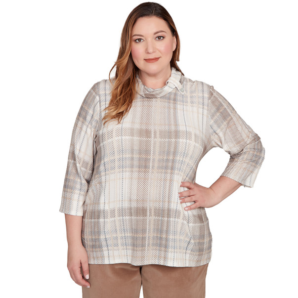 LATTE MULTI Plus Women's Draped Cowl Neckline Plaid Knit Top