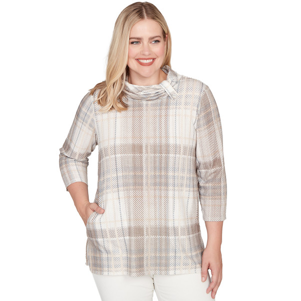 LATTE MULTI Petite Women's Draped Cowl Neckline Plaid Knit Top
