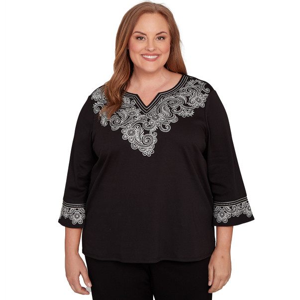 BLACK Plus Women's Embroidered Scroll Accent Soft Knit Top