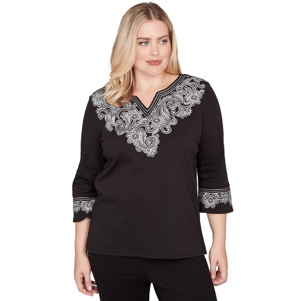 BLACK Women's Embroidered Scroll Accent Soft Knit Top