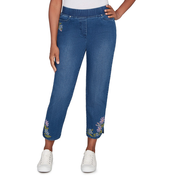 DARK INDIGO Women's Cross Stitch Flower Embroidery Ankle Pant