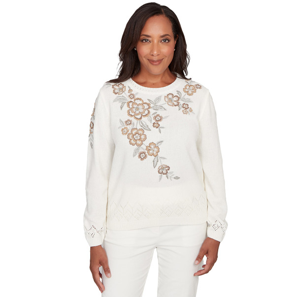 VANILLA Petite Women's Floral Embroidered Chenille Sweater