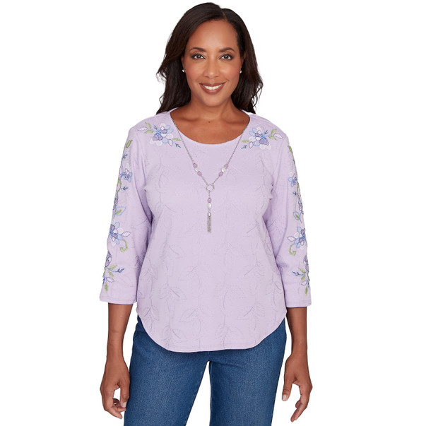 LILAC Women's Embroidered Sleeve Textured Top With Necklace