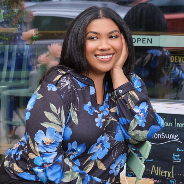 MULTI BLACK Women's Watercolor Floral Velvet Trim Top