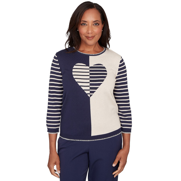 NAVY Petite Women's Heart Motif Detail Striped Sweater