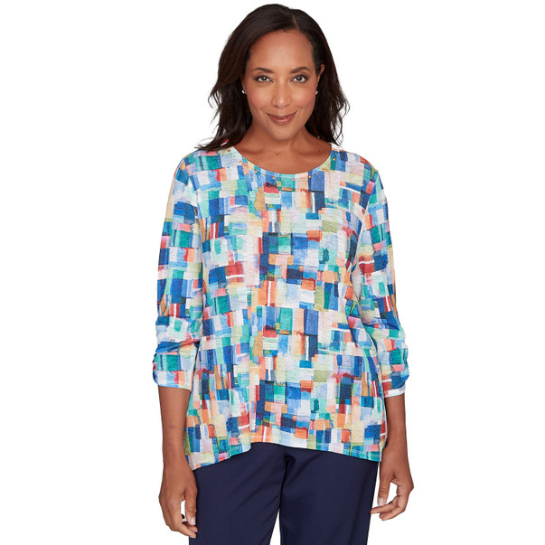 NAVY MULTI Petite Women's Tile Print Colorblock Textured Top