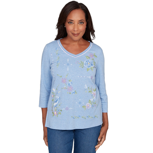 BLUE HEATHER Women's Cross Stitched Floral Top