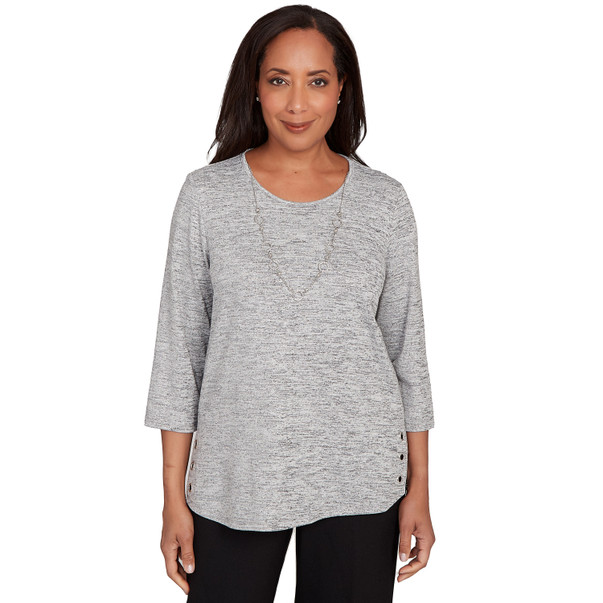GREY Petite Women's Melange Side Button Top With Necklace