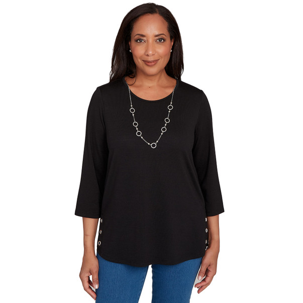 BLACK Women's Melange Side Button Top With Necklace