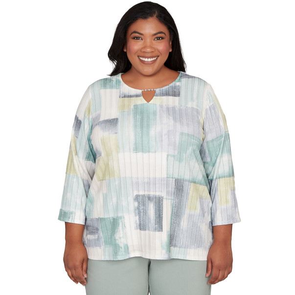 MULTI GREEN Plus Women's Soft Colorblock Rib Texture Knit Top