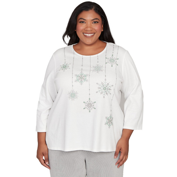 IVORY Plus Women's Snowflake Pearl Studded Shimmer Top