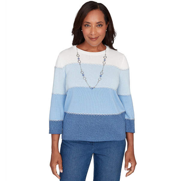 BLUE Petite Women's Ombre Stripe Sweater With Necklace