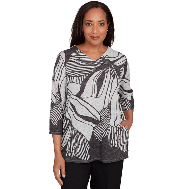 BLACK Petite Women's Abstract Floral Stripe V-Neck Top