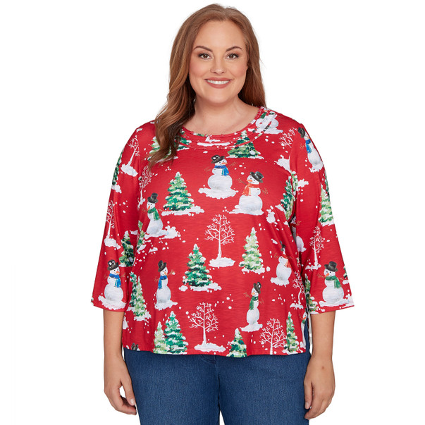 RED Plus Women's Snowmen Printed Crewneck Top