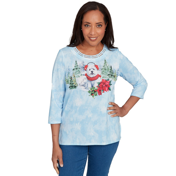 LIGHT BLUE Women's Holiday Dog In Earmuffs Top