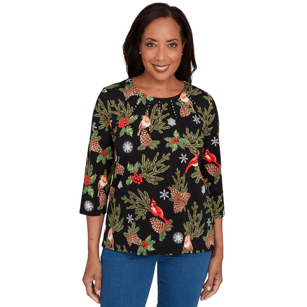 Petite Women's Cardinals And Pinecones Embellished Top