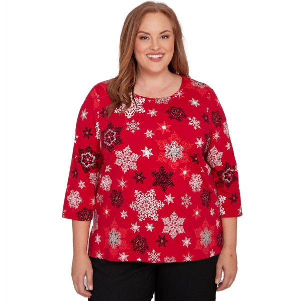 Plus Women's Embellished Snowflake Pleated Neck Top