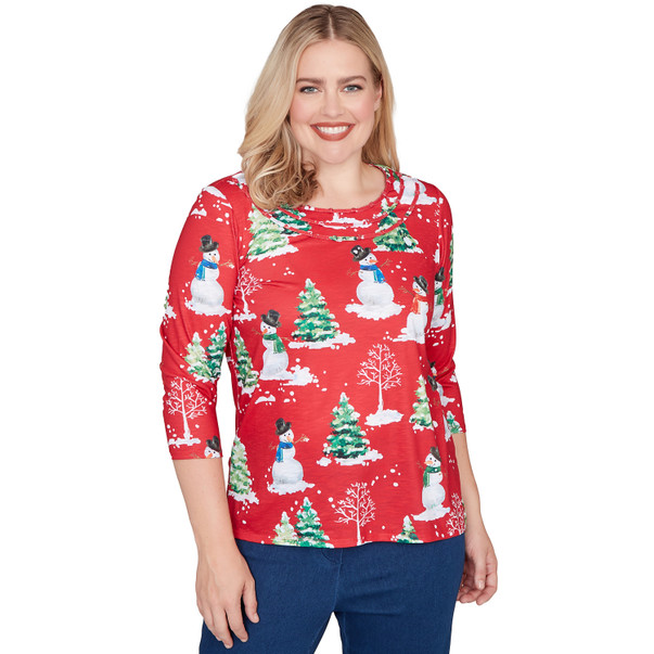 Petite Women's Snowmen Printed Crewneck Top