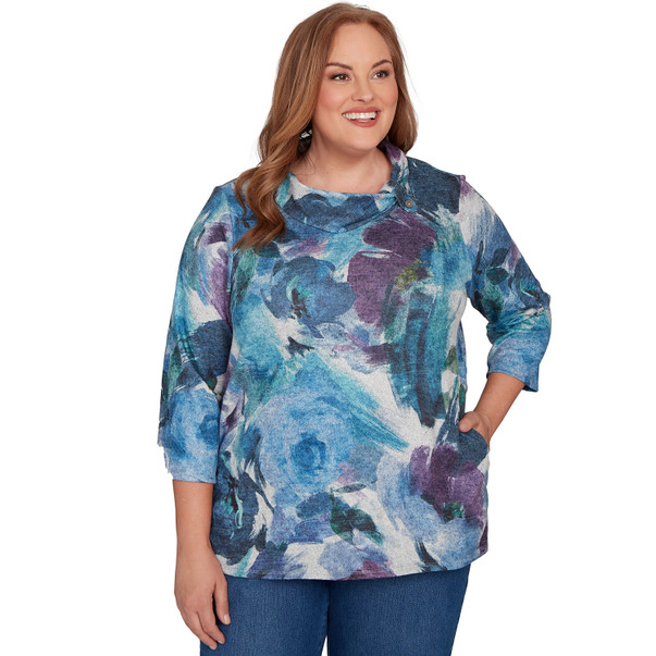 Plus Women's Floral Brushstroke Mock Neck Top