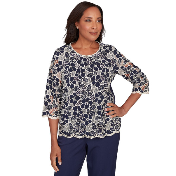 NAVY Petite Women's Floral Lace Trim Soft Knit Top