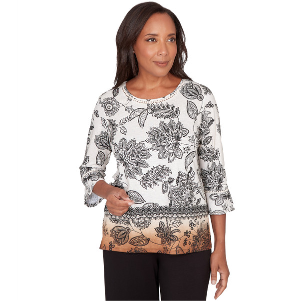 NEUTRAL MULTI Petite Women's Ombre Floral Crew Neck Top