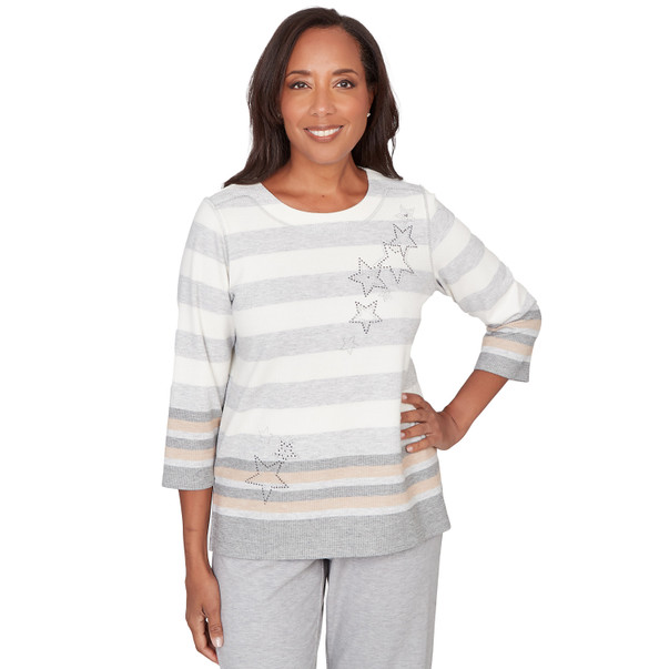 Petite Women's Star Stripe Embellished Crew Neck Top