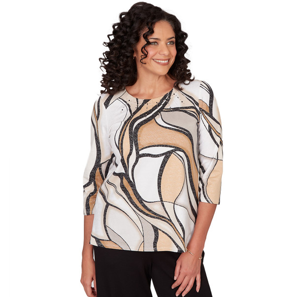 Women's Abstract Print Pleated Crew Neck Top