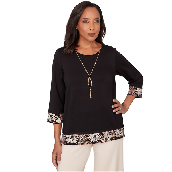 Petite Women's Bold Floral Border Trim Top With Necklace