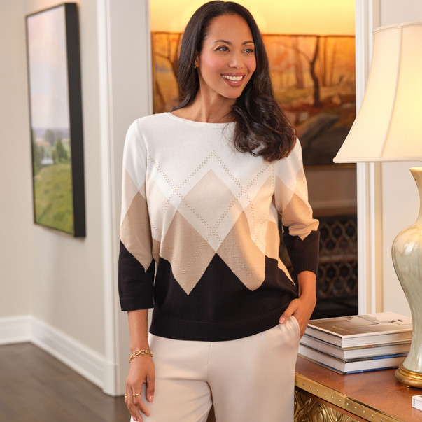 Petite Women's Argyle Ribbed Jewel Neck Sweater