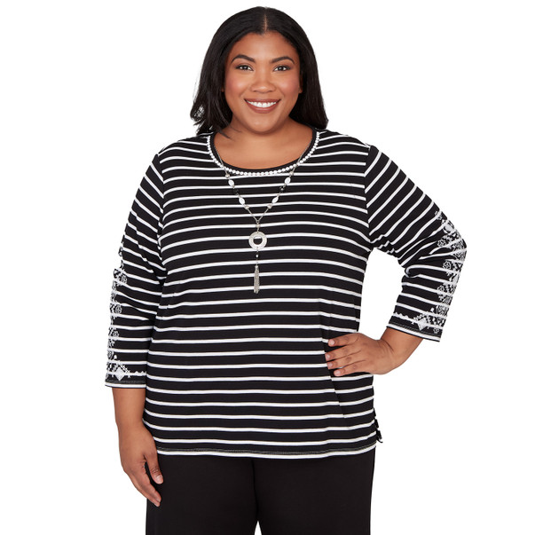 Plus Women's Pinstripe Embroidered Sleeve Top With Necklace