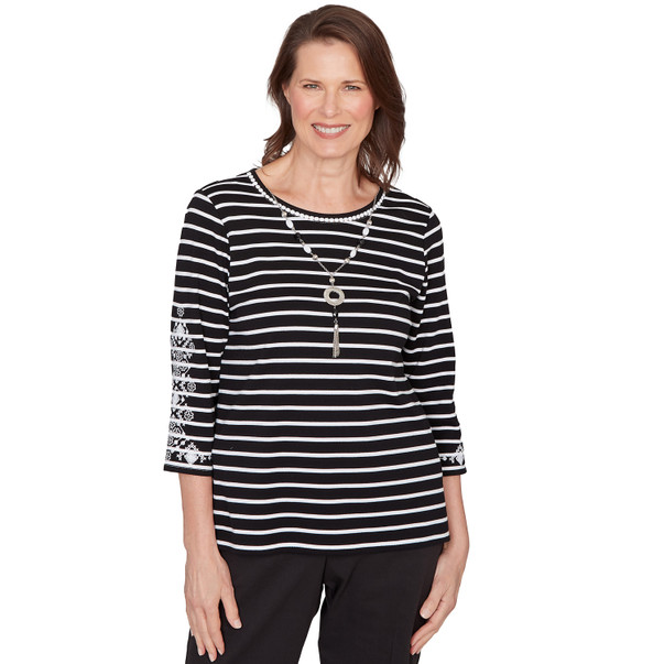 Women's Pinstripe Embroidered Sleeve Top With Necklace