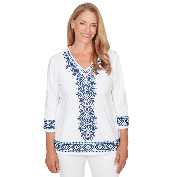 Petite Women's Scroll Embroidered V Neck Top