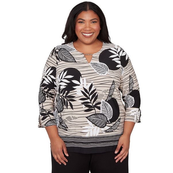 Plus Women's Tropical Leaf Border Print Split Neck Top