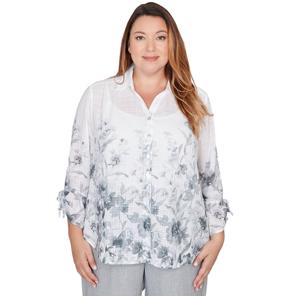 Plus Women's Collared Watercolor Print Button Front Top