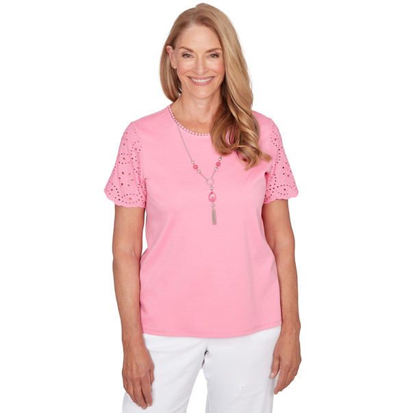 Petite Women's Solid Eyelet Sleeve Tee With Necklace