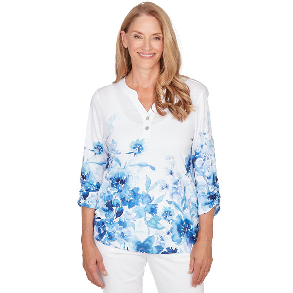 Petite Women's Watercolor Floral Border Henley Top