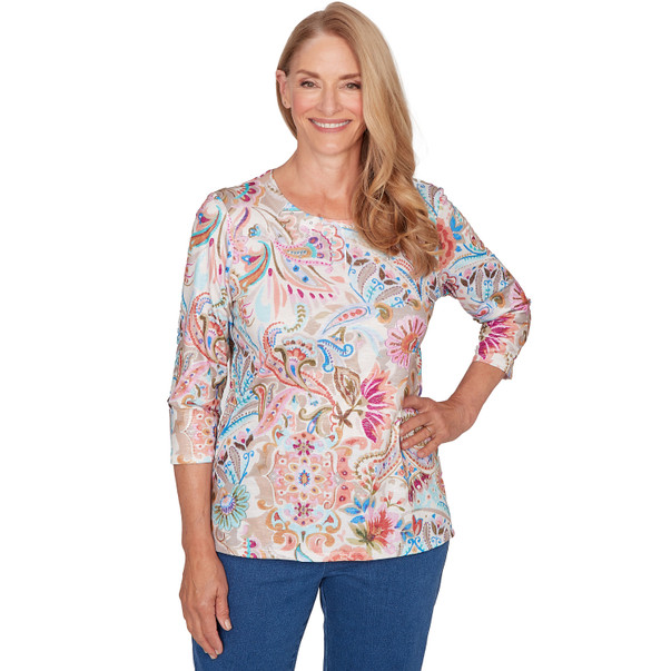 Petite Women's Paisley Floral Pleated Neck Top