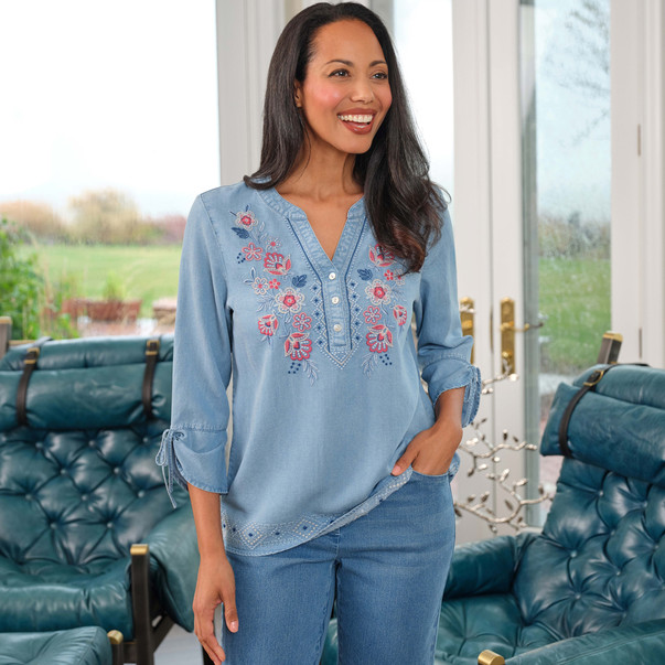 Petite Women's Floral Embroidered Tie Sleeve Henley Top