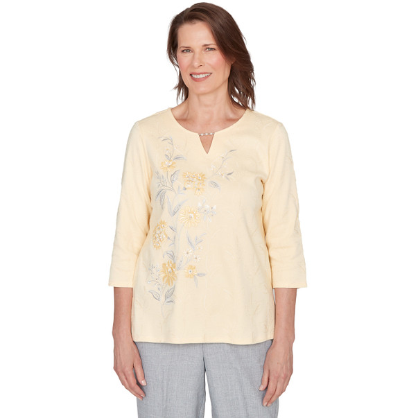 Women's Asymmetrical Floral Embroidered Textured Top