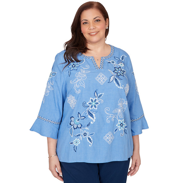 Plus Women's Floral Textured Embroidered Split Neck Top