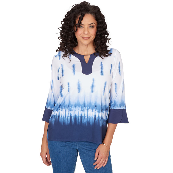 Women's Tie Dye Border Split Neck Top