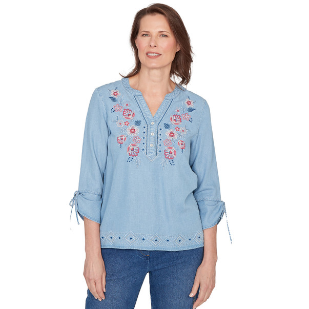 Women's Floral Embroidered Tie Sleeve Henley Top