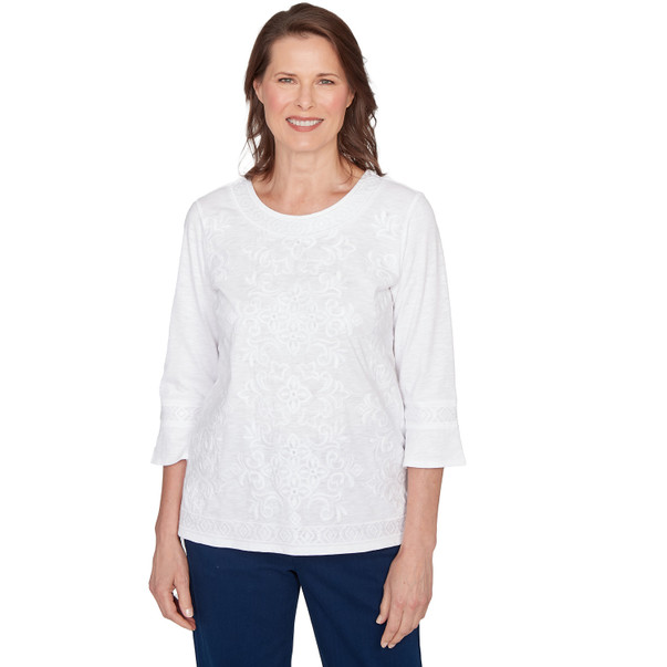 Petite Women's White Medallion Embroidered Top