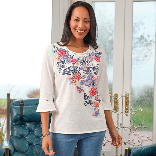 Petite Women's Embroidered Butterfly Crew Neck Knit Top