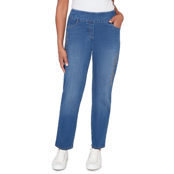 Petite Women's Geometric Heat Set Super Stretch Denim Short Length Jeans