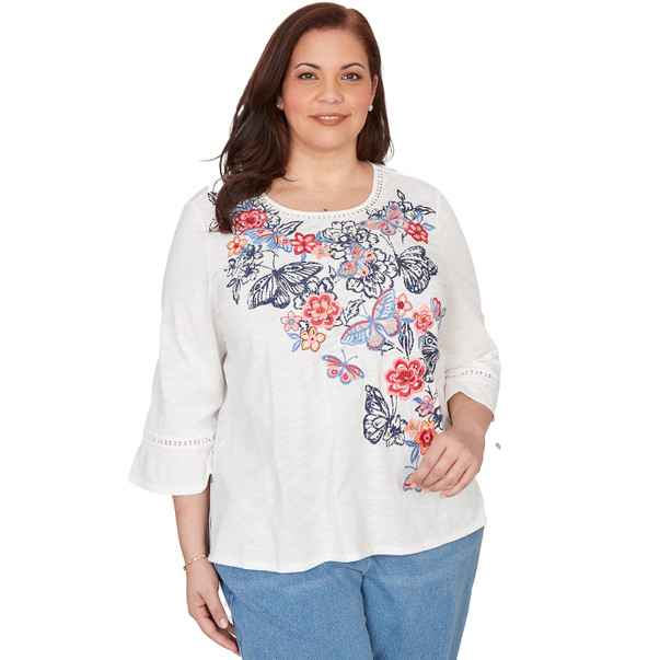 Plus Women's Embroidered Butterfly Crew Neck Knit Top
