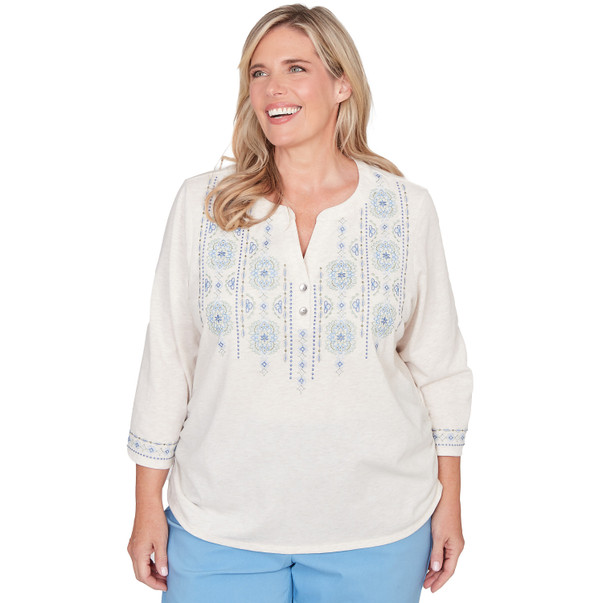 Plus Women's Medallion Embroidered Ruched Henley Top