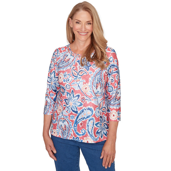Petite Women's Embellished Paisley Floral Crew Neck Top