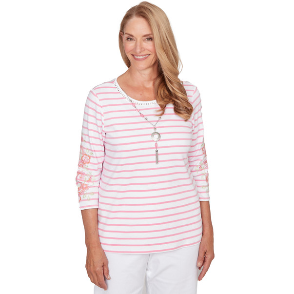 Women's Stripe Embroidered Sleeve Top With Necklace