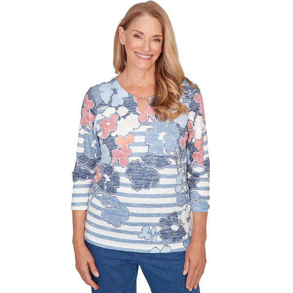 Women's Stripe Floral Split Neck Knit Top